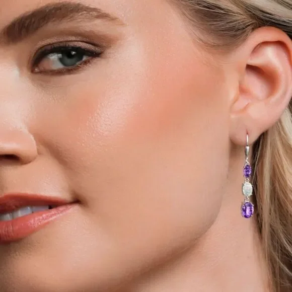 925 Sterling Silver with 5.30 Cttw 3 Stone Amethyst and White Opal Drop Earrings